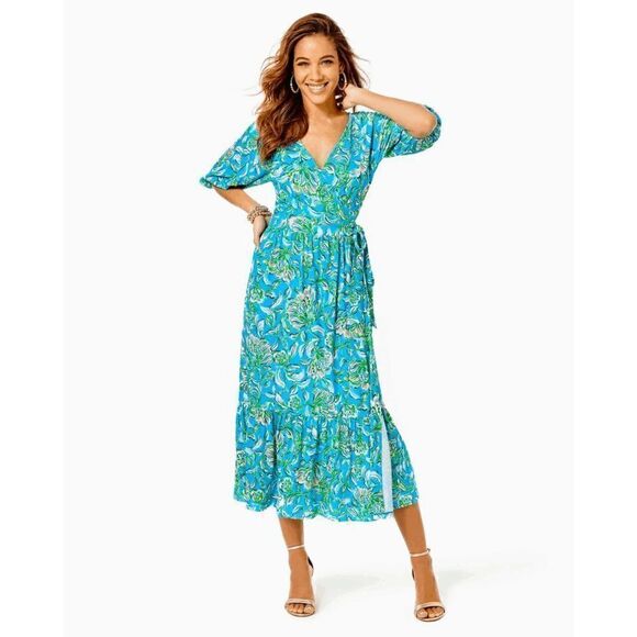 💙 LILLY PULITZER Brantley V-Neck Midi Wrap Dress SIZE M NEW WITH TAGS - Picture 3 of 15